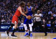 <p>Robin Lopez #8 of the Chicago Bulls fights with Serge Ibaka #9 of the Toronto Raptors during the second half of an NBA game at Air Canada Centre on March 21, 2017 in Toronto, Canada. NOTE TO USER: User expressly acknowledges and agrees that, by downloading and or using this photograph, User is consenting to the terms and conditions of the Getty Images License Agreement. (Photo by Vaughn Ridley/Getty Images) </p>