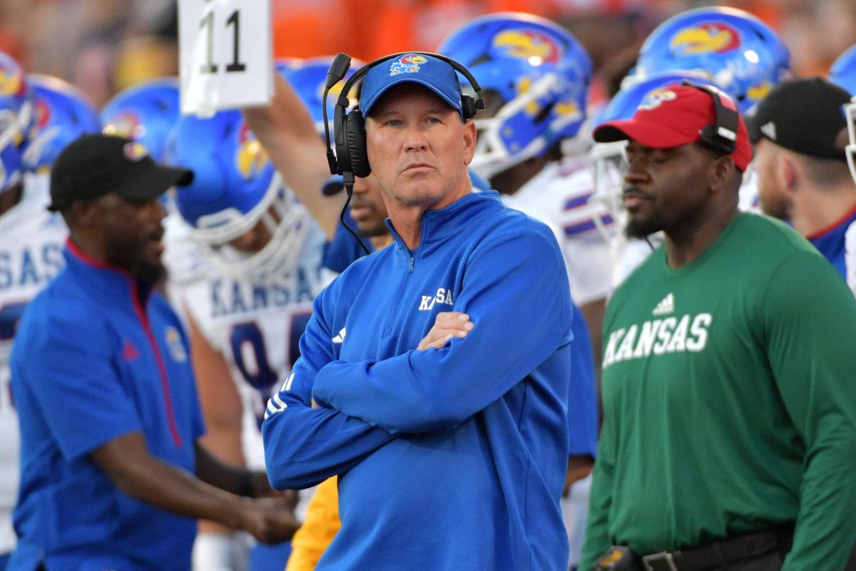 Kansas football head coach Lance Leipold looks on during a Sept. 7, 2024 game against Illinois in Champaign, Illinois.