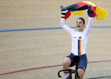Cycling - UCI Track World Championships - Women's Sprint, Final - Hong Kong, China - 14/4/17 - Germany's Kristina Vogel celebrates after winning gold. REUTERS/Bobby Yip