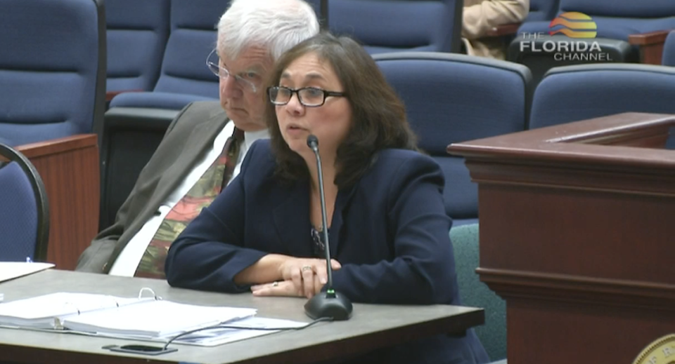 Patricia Duarte, directora financiera de la Coalición de la Florida contra la Violencia Doméstica, testifica ante el Comité de Ética de la Cámara de la Florida, el jueves 27 de febrero de 2020.