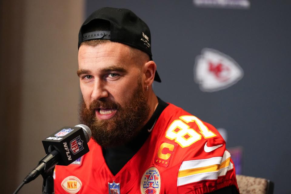 Travis Kelce of the Kansas City Chiefs speaks to the media during Kansas City Chiefs media availability ahead of Super Bowl LVIII at Westin Lake Las Vegas Resort and Spa on February 06, 2024 in Henderson, Nevada.