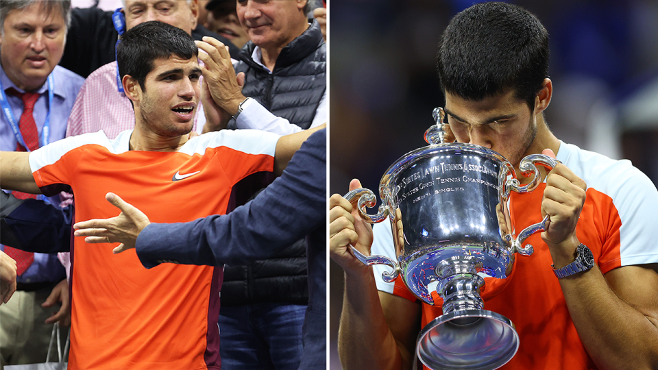 Carlos Alcaraz (pictured left) celebrates the US Open with his team and (pictured right) kissing the trophy.