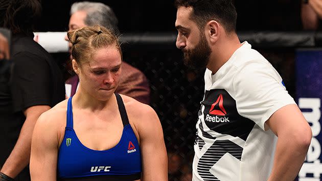 Rousey looks on after her loss. Image: Getty