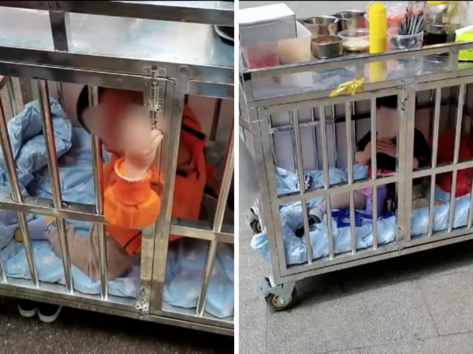 An image of a child inside a metal cage in Guizhou, Tongren city