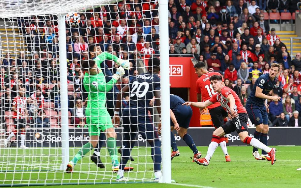 Tino Livramento (centre right) of Southampton scores to make it 1-1 during the Premier League match between Southampton and Burnley - Getty Images