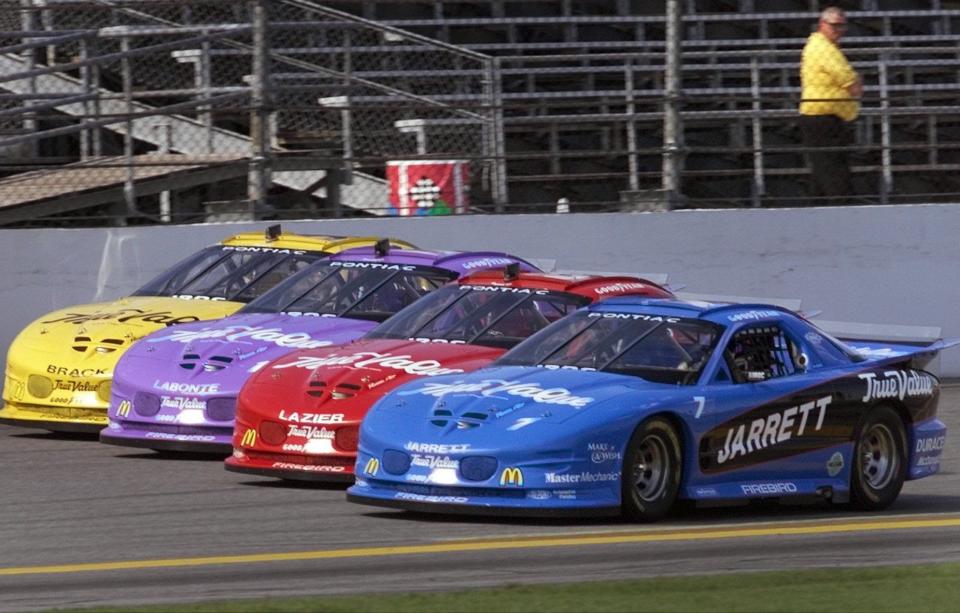The IROC race at the Daytona International Speedway Friday February 16, 2001 proved to be some of the most exciting racing this week as cars go 4 wide entering turn one during the early stages of the race. Dale Jarrett had to let off the gas and yield to the group so he could get off of the apron of the track and on to the banking into the turn.