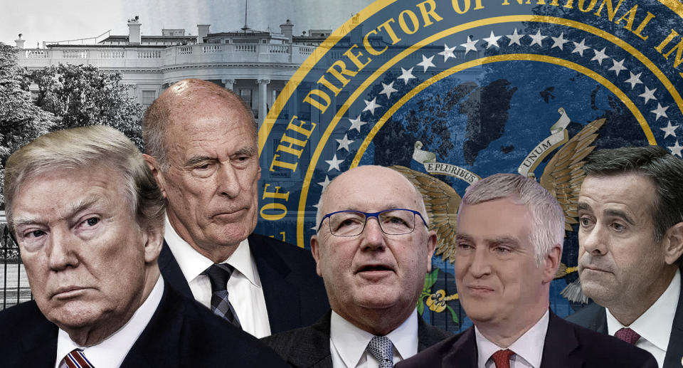 U.S. President Donald Trump, Director of National Intelligence, Dan Coats, Pete Hoekstra, Frederick Fleitz and John Ratcliffe. (Yahoo News photo Illustration; photos: AP, Getty)