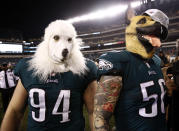 <p>Philadelphia Eagles’ Beau Allen and Chris Long celebrate after the NFL football NFC championship game against the Minnesota Vikings Sunday, Jan. 21, 2018, in Philadelphia. The Eagles won 38-7 to advance to Super Bowl LII. (AP Photo/Patrick Semansky) </p>