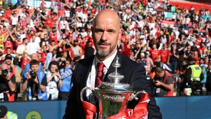 Manchester United manager Erik ten Hag with the FA Cup trophy