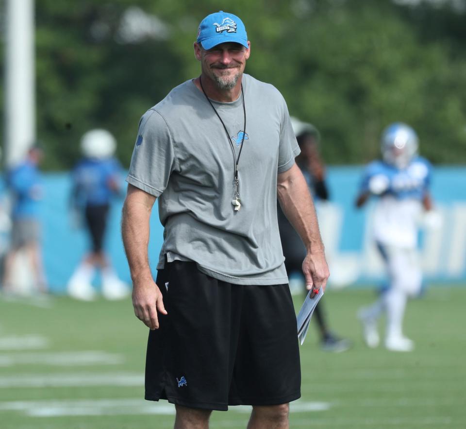 Detroit Lions head coach Dan Campbell watches the action during joint practice with the Jacksonville Jaguars in Allen Park, Thursday, Aug. 17, 2023.