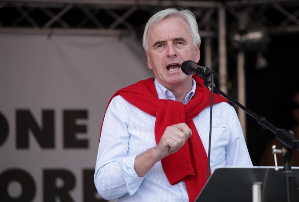 Shadow Chancellor of the Exchequer John McDonnell address an anti-austerity rally in Parliament Square, London, after a march through the city as part of an anti-austerity protest.