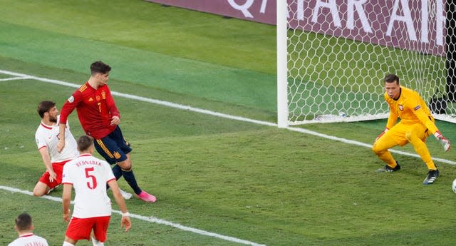 Spain’s Alvaro Morata scores against Poland at Euro 2020 