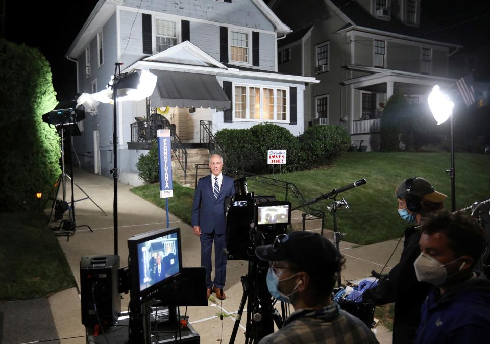 Sen. Bob Casey, D-Pa., speaks in support of Democratic presidential candidate Joe Biden, outside Biden's childhood home as part of the Democratic National Convention, in Scranton, Pa., Tuesday, Aug 18, 2020.