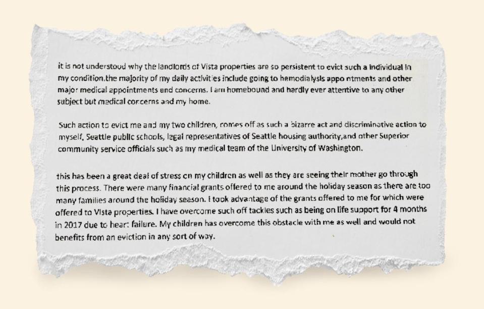 In this letter dated Jan. 13, 2020, a Black woman who is legally disabled, has kidney disease and was on dialysis treatment three times a week was being evicted for non-payment from her apartment that was paid in part with a $1,000 federal housing voucher commonly known as “Section 8.”