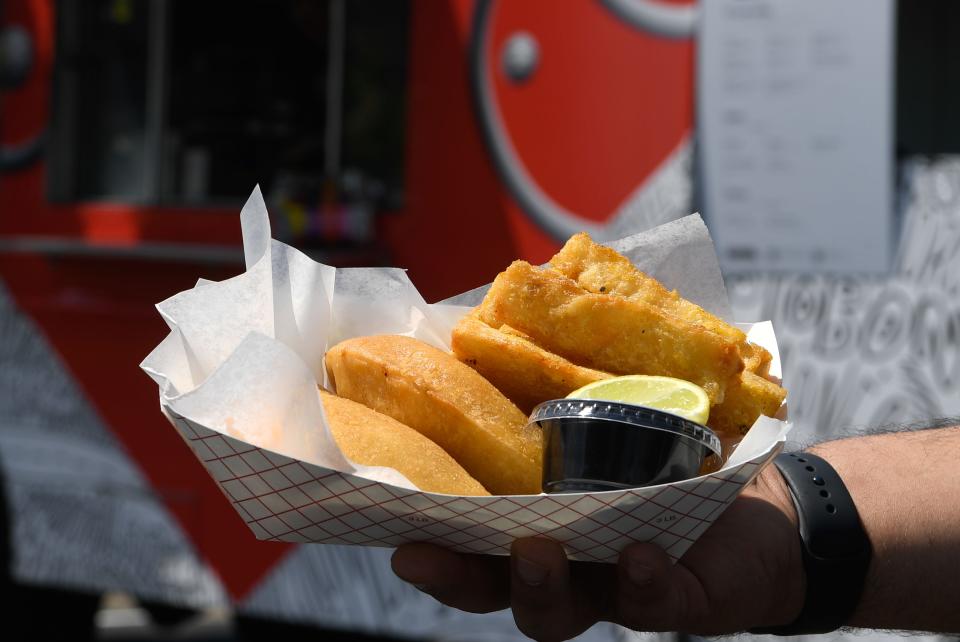 Chivanada will be serving the beef and chicken empanadas with a side of yuca fries and their special ingredient called suero costeño sauce at GEODIS Park in Nashville, Tenn., pictured Friday, April 22, 2022.