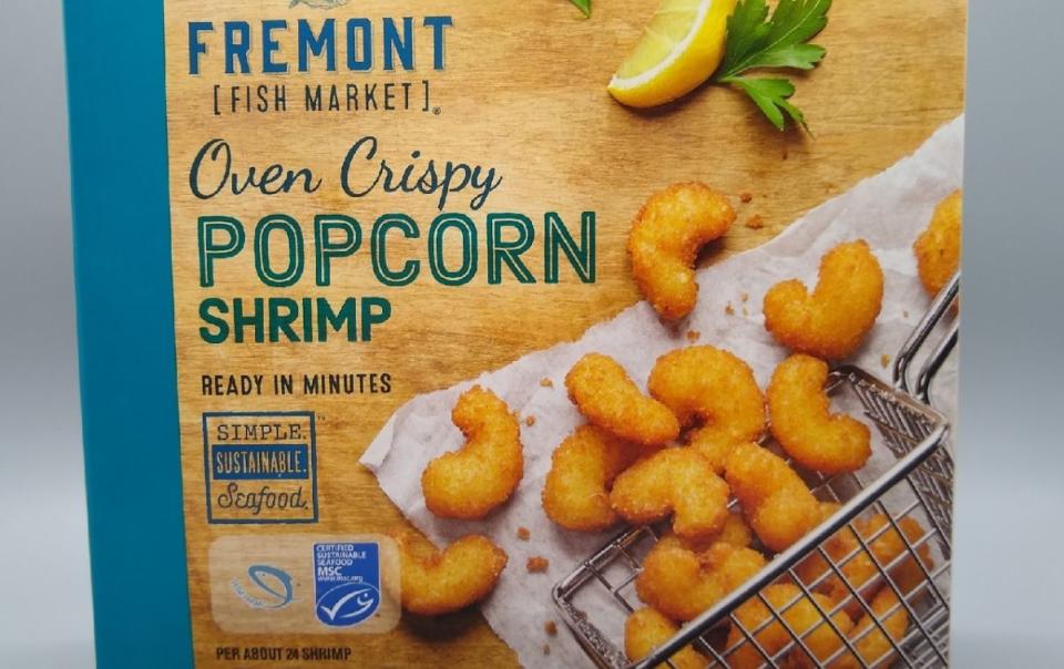 Box of Aldi Fremont Fish Market Oven Crispy Popcorn Shrimp