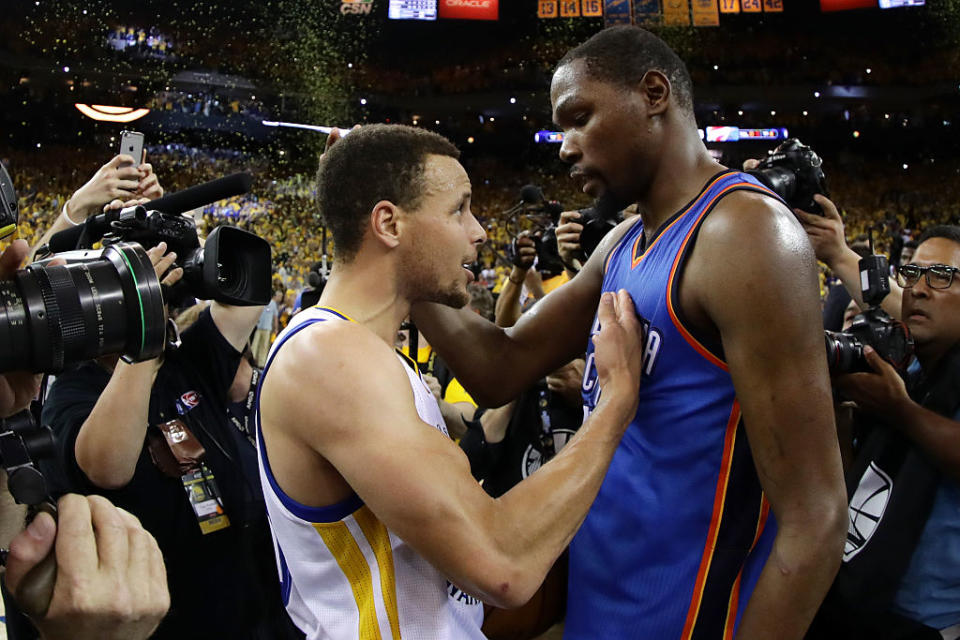 The last two NBA MVPs are going to become teammates. That's crazy. (Ezra Shaw/Getty Images)