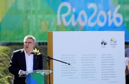 International Olympic Committee President Thomas Bach speaks during an Olympic Truce inauguration ceremony in athletes village in advance of the 2016 Olympic Games in Rio de Janeiro, Brazil, August 1, 2016. REUTERS/Patrick Semansky/Pool