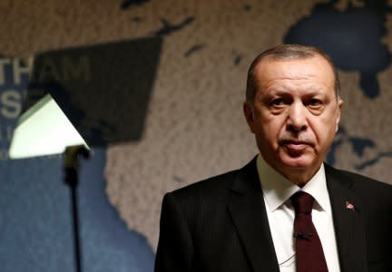 FILE PHOTO: The President of Turkey, Recep Tayyip Erdogan, speaks at Chatham House in central London, Britain May 14, 2018. REUTERS/Henry Nicholls/File Photo