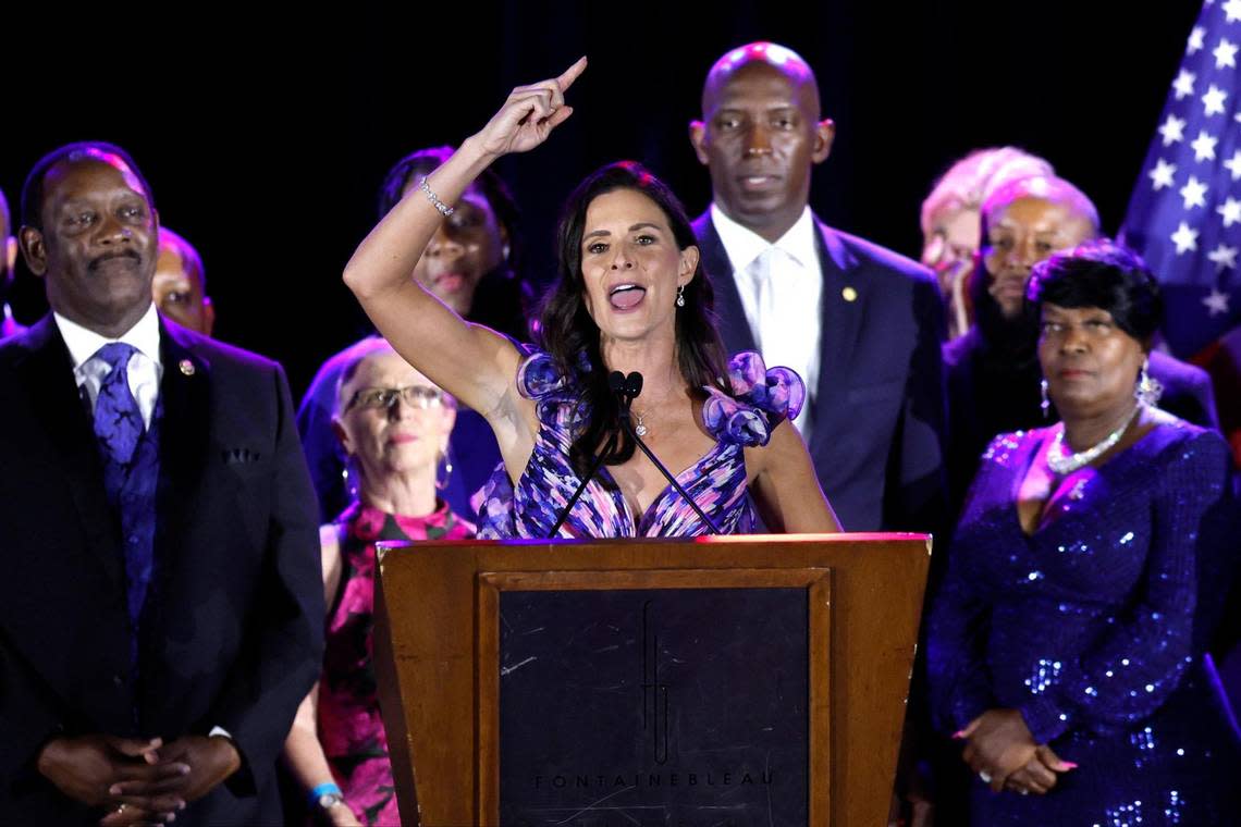 Brevard County School Board member Jennifer Jenkins speaks during the gala at the Florida Democratic Party’s annual Leadership Blue Weekend at the Fontainebleau Hotel in Miami Beach, Florida, on Saturday, July 8, 2023. Al Diaz/adiaz@miamiherald.com