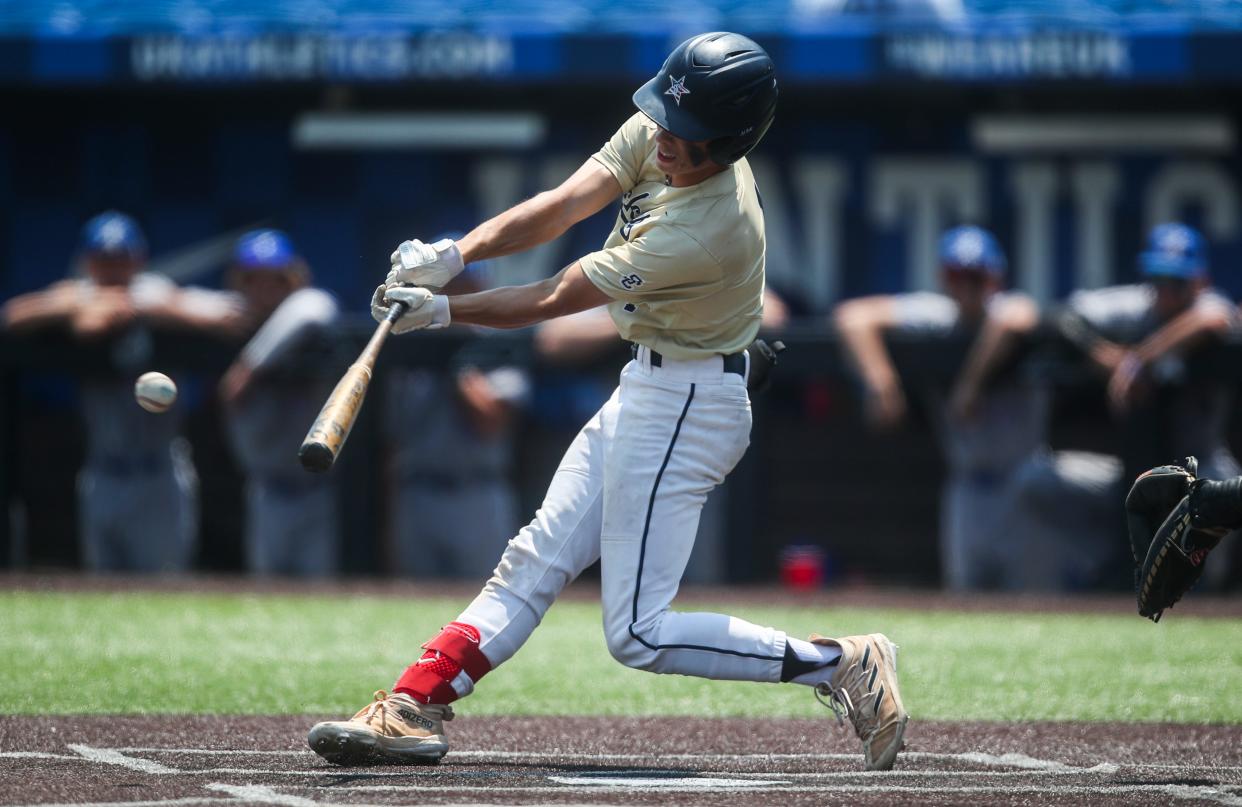 Shelby County's Jack Wills hits the game-winning run against Apollo at the KHSAA Clark's Pump-n-Shop state semifinal baseball tournament Friday at Kentucky Proud Park in Lexington. June 9, 2023. 