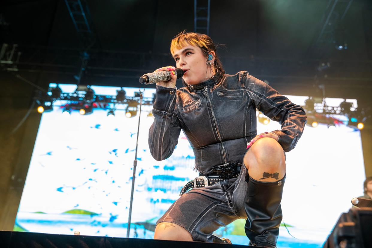 BENEE performs inside the Mojave tent at the Empire Polo Club during the Coachella Valley Music and Arts Festival in Indio, Calif., on Friday, April 14, 2023. 