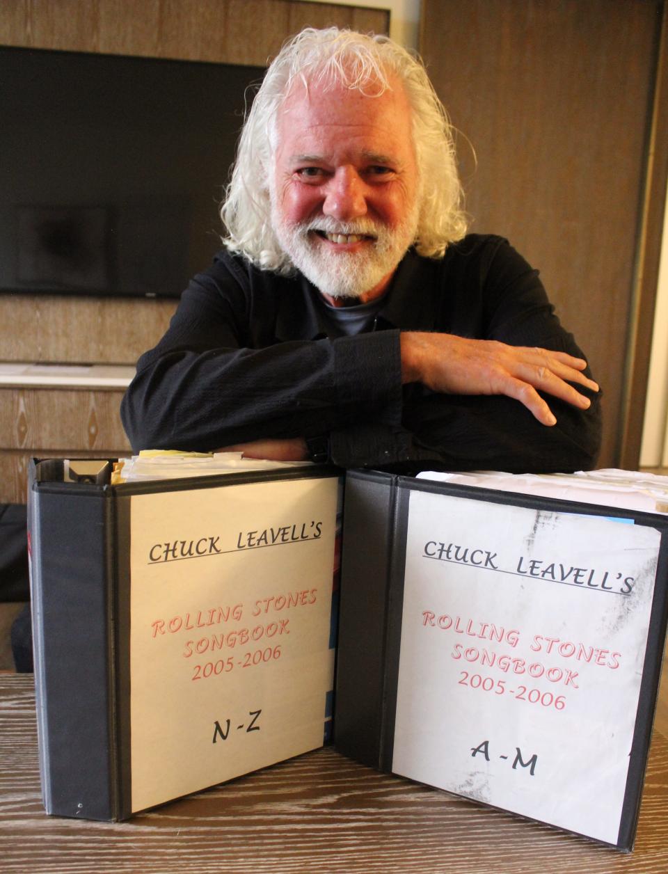 Chuck Leavell, keyboardist and music director for the Rolling Stones since the early '80s, is shown with his binders of notes and song charts April 27, 2024, on the eve of the band's Hackney Diamonds tour kickoff in Houston.