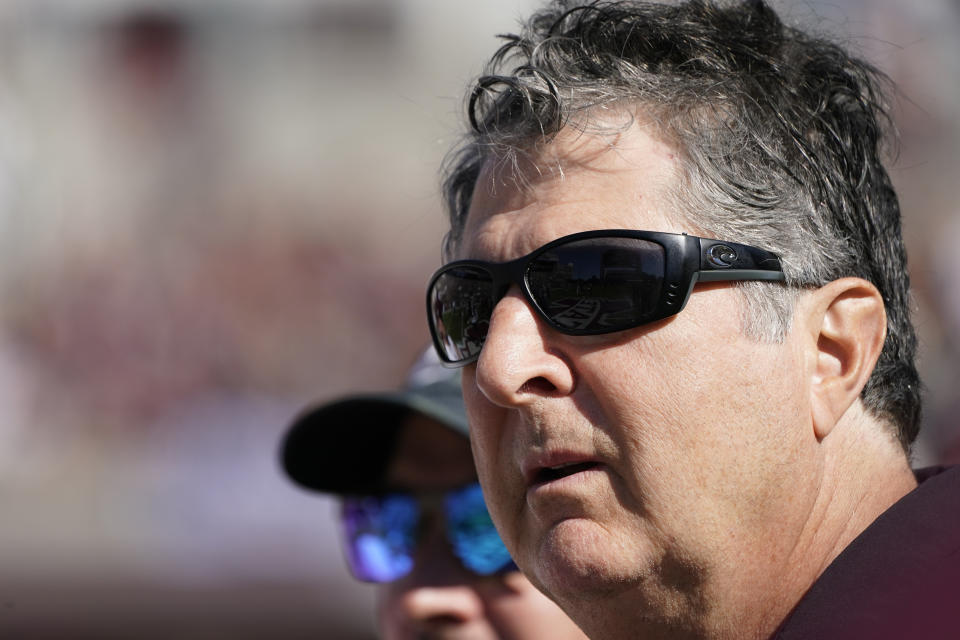 Mississippi State head coach Mike Leach watches before an NCAA college football game against Arkansas in Starkville, Miss., Saturday, Oct. 8, 2022. (AP Photo/Rogelio V. Solis)