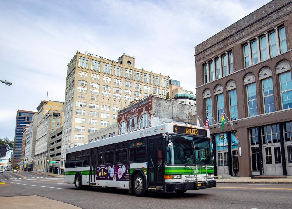 A Memphis Area Transit Authority bus is seen in Downtown Memphis in 2019.