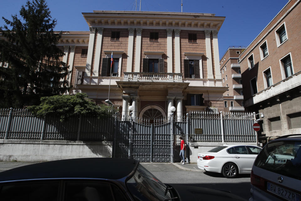 The Russian Embassy in Rome, Wednesday, March 31, 2021. Italy has ordered two Russian Embassy officials expelled and arrested an Italian Navy captain on spying charges after police caught the Italian allegedly giving classified documents to one of the Russians in exchange for money. (AP Photo/Alessandra Tarantino)