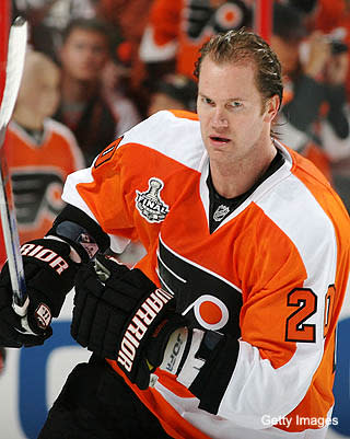 Chris Pronger of the Philadelphia Flyers skates with the puck