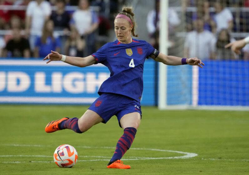 FILE - United States' Becky Sauerbrunn handles the ball during the first half of an international friendly soccer match against Ireland, April 11, 2023, in St. Louis. U.S. national team captain Sauerbrunn has a right foot injury that will keep her out of the Women's World Cup next month. A person familiar with the matter confirmed that Sauerbrunn will miss the World Cup, first reported by The Athletic. The person spoke on the condition of anonymity because an Sauerbrunn's status has not been publicly announced. (AP Photo/Jeff Roberson, File)