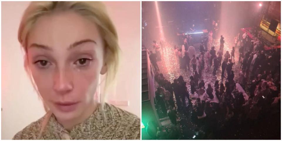 A composite image showing, left, a tearful Anastasia Ivleeva apologising in a video, and right, an overhead view of the December 20, 2023 party she hosted that caused massive backlash in Russia.