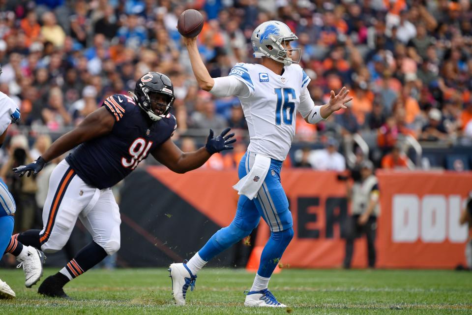 Bears nose tackle Eddie Goldman pressures Lions quarterback Jared Goff during a game last October. Goldman would give the Patriots needed depth at that position.