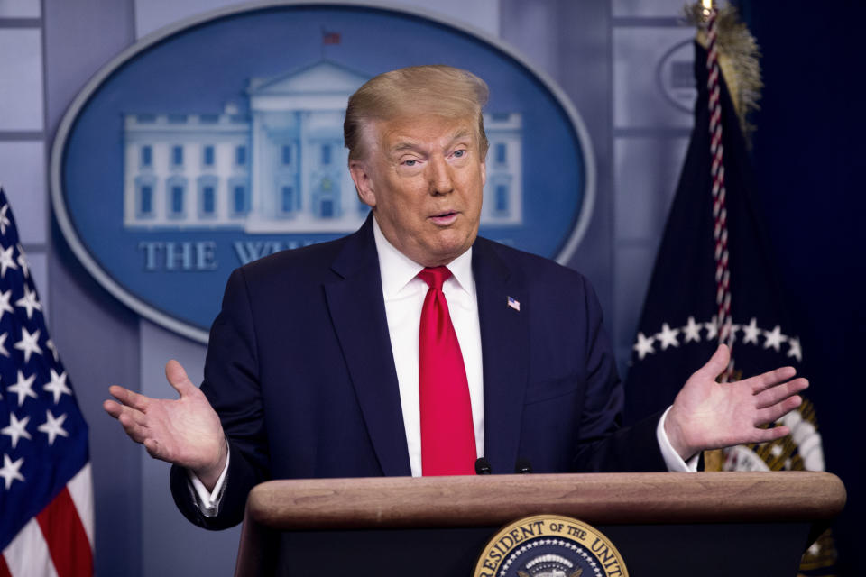 U.S. President Donald Trump speaks during a press briefing in the James S. Brady Press Briefing Room at the White House in Washington, D.C., U.S. on Thursday, July 2, 2020. (Michael Reynolds/EPA/Bloomberg via Getty Images)