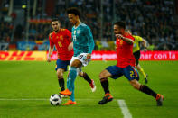 Soccer Football - International Friendly - Germany vs Spain - ESPRIT arena, Dusseldorf, Germany - March 23, 2018 Germany’s Leroy Sane in action with Spain’s Dani Carvajal and Koke REUTERS/Thilo Schmuelgen