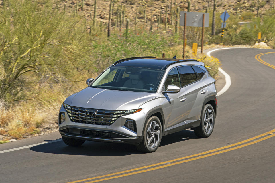 This photo provided by Hyundai shows the 2022 Hyundai Tucson, a compact SUV with a starting price of about $27,000. (Courtesy of Hyundai Motor America via AP)