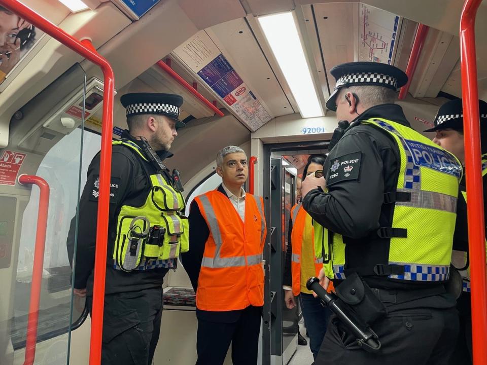 Sadiq Khan views a refurbished Central line train - which includes CCTV cameras for the first time - at Hainault depot last December (Ross Lydall)