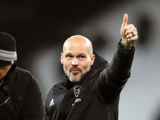 Ljungberg salutes the Arsenal fans at the London Stadium after the win over West Ham (PA)