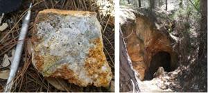 Photos of vuggy quartz vein rubble found adjacent to historical mine pits in the Docamavida prospect area.