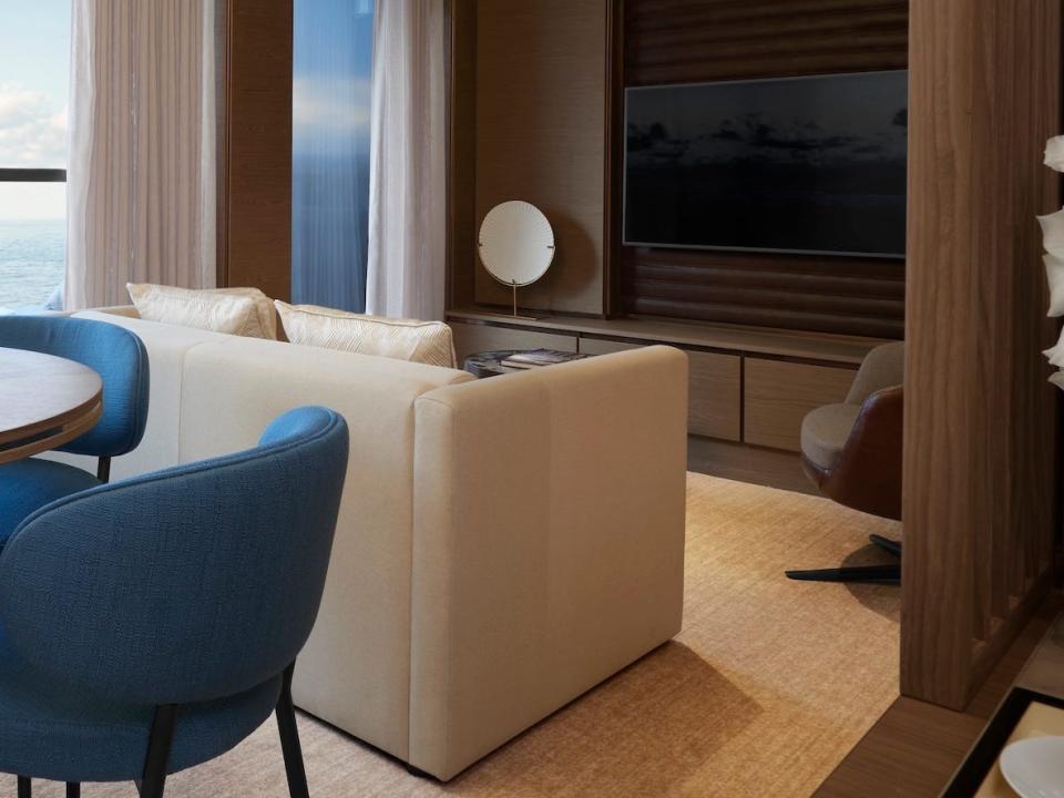 A room aboard the Ritz-Carlton Yacht Collection's Evrima