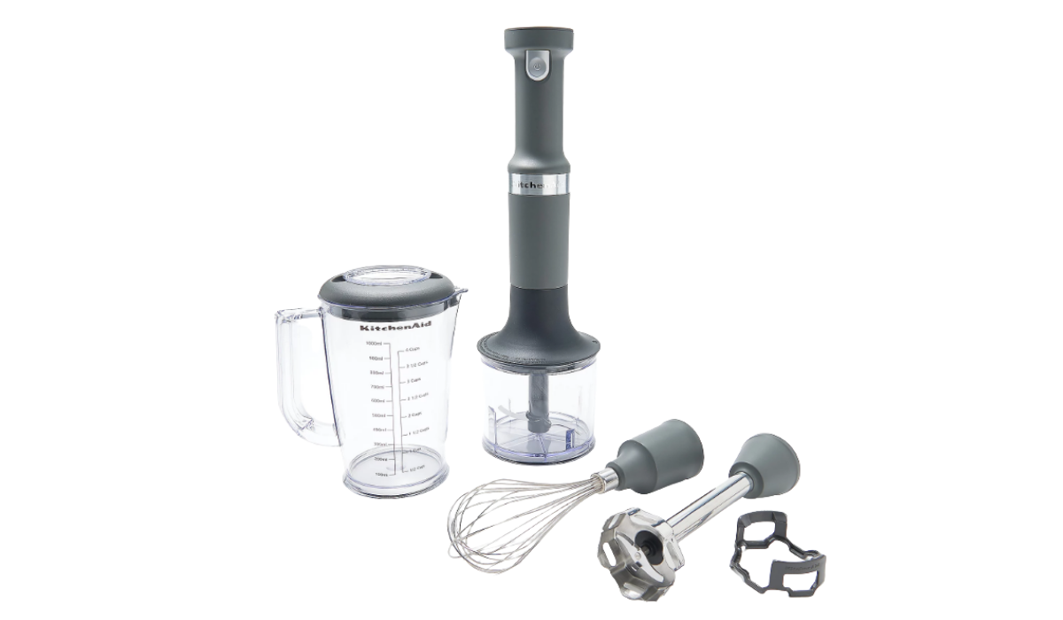 Gray hand blender and 4 attachments