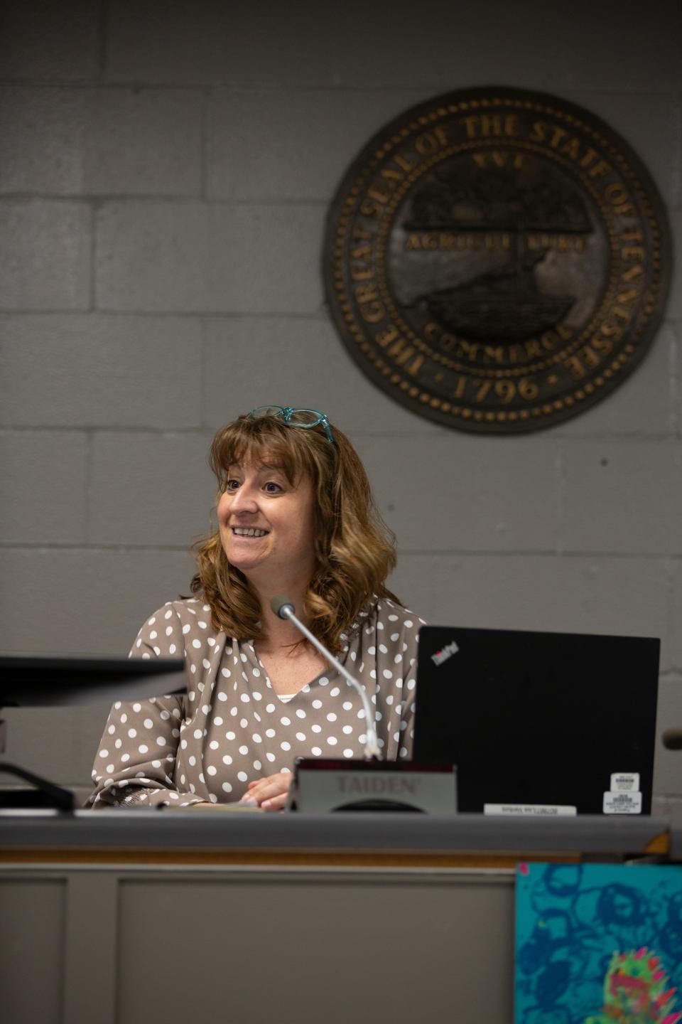 Dr. Lisa Ventura smiles after being named Superintendent of Maury County Public Schools during a board meeting at Horace O. Porter School in Columbia, Tenn., on Tuesday, May 3, 2022.