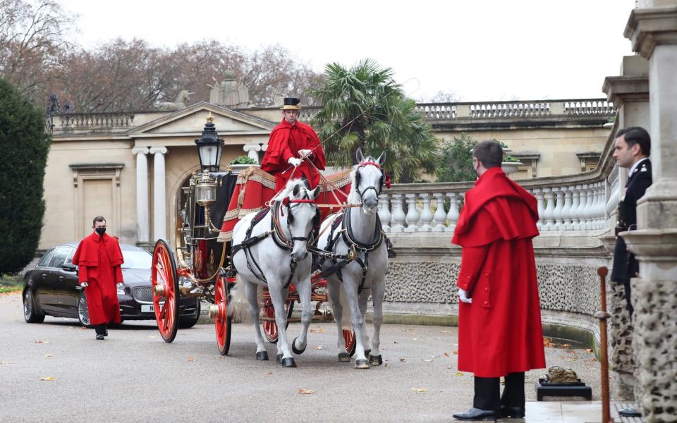 Sophie Katsarava, ambassador of Georgia, arrives at Buckingham Palace by carriage - Yui Mok/PA