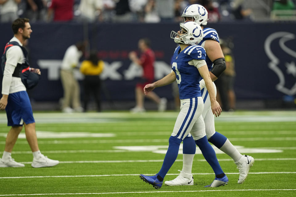 Indianapolis Colts place kicker Rodrigo Blankenship (3) walks off the field after missing a field goal in overtime of an NFL football game Sunday, Sept. 11, 2022, in Houston. (AP Photo/David J. Phillip)