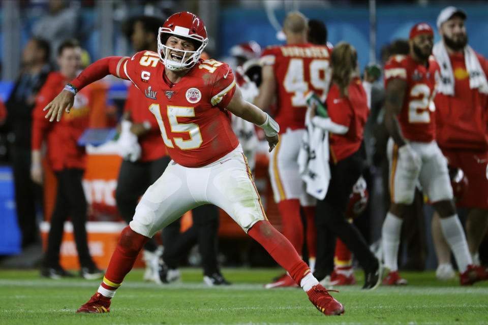 Kansas City Chiefs' quarterback Patrick Mahomes celebrates his touchdown pass to Damien Williams in the the second half of the NFL Super Bowl 54 football game on Feb. 2, 2020, in Miami Gardens, Fla. (AP Photo/John Bazemore)