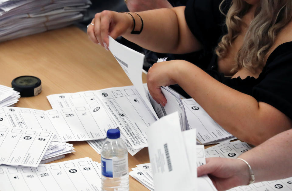 Ballots are tallied at a counting centre for the European Parliamentary election in Sunderland, Britain, May 26, 2019. REUTERS/Scott Heppell