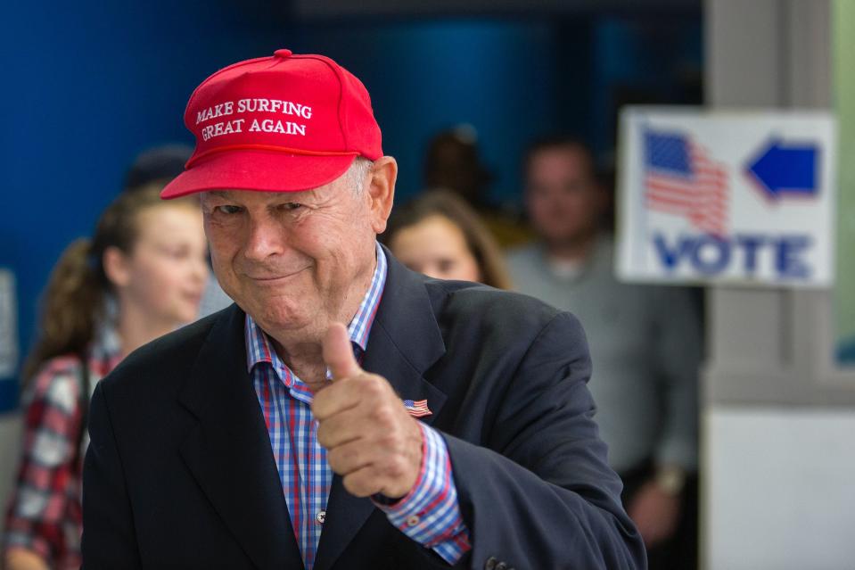 Longtime Rep. Dana Rohrabacher (R-Costa Mesa) wears a 'Make Surfing Great Again' hat after dropping off his ballot at his polling place on November 6, 2018 in Costa Mesa, California. (Photo by David McNew/Getty Images)