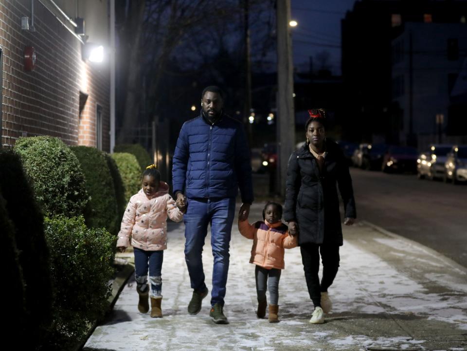 Diakite and Oumou Cisse with their children Diariatu, 5, and Dorothy 2, outside the WestHelp family shelter in Mount Vernon Jan. 24, 2022. The family lost their apartment in a Yonkers fire on Christmas Day. They have been staying in the family shelter after an anonymous donor put them up in a hotel for a brief period. They are still looking for permanent housing. 