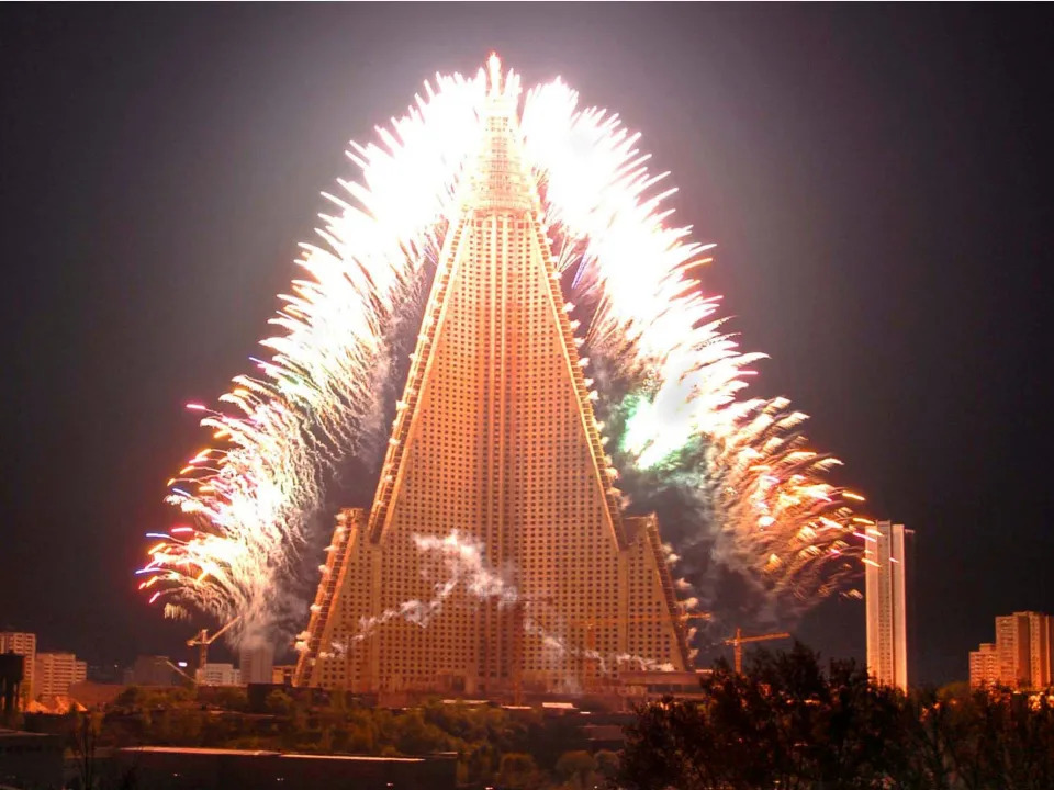 Fireworks around the Ryugyong Hotel to celebrate May Day in 2009.